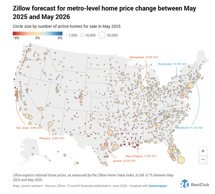 Zillow forecast for metro-level home price change between May 2025 and May 2026 Zillow forecast for metro-level home price change between May 2025 and May 2026